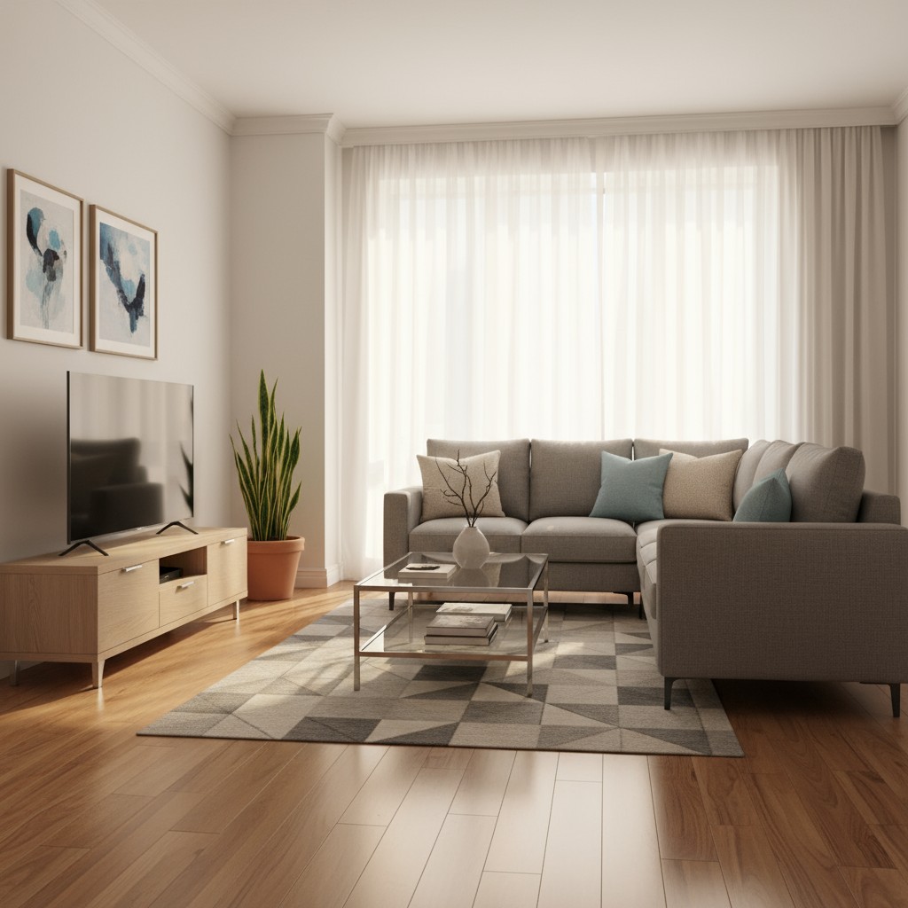 a modern living room with light hardwood floors; a low-profile coffee table and gray sectional sofa with accent pillows; a...